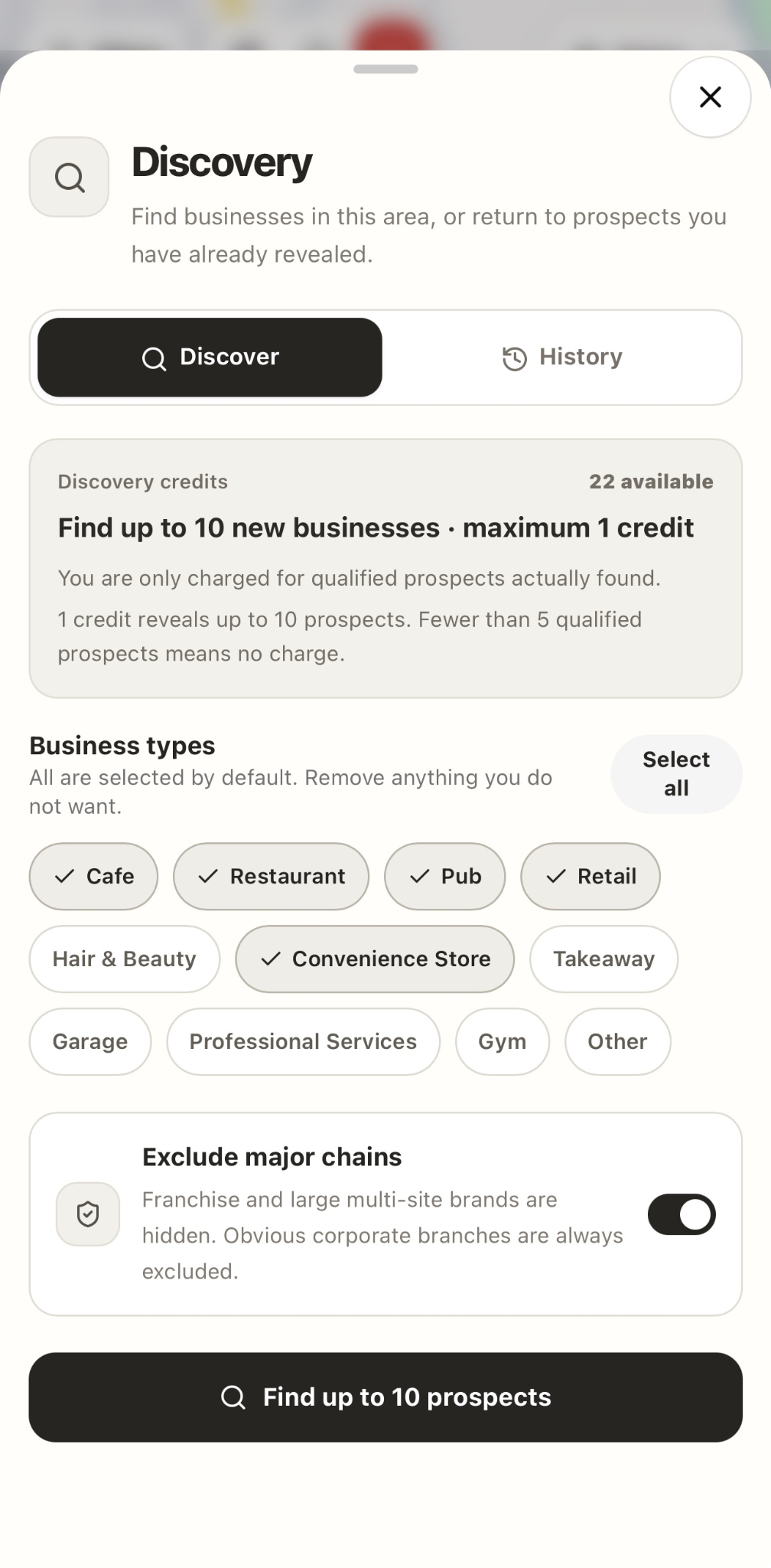 Discovery search in KnockMap, with business categories and the chain filter