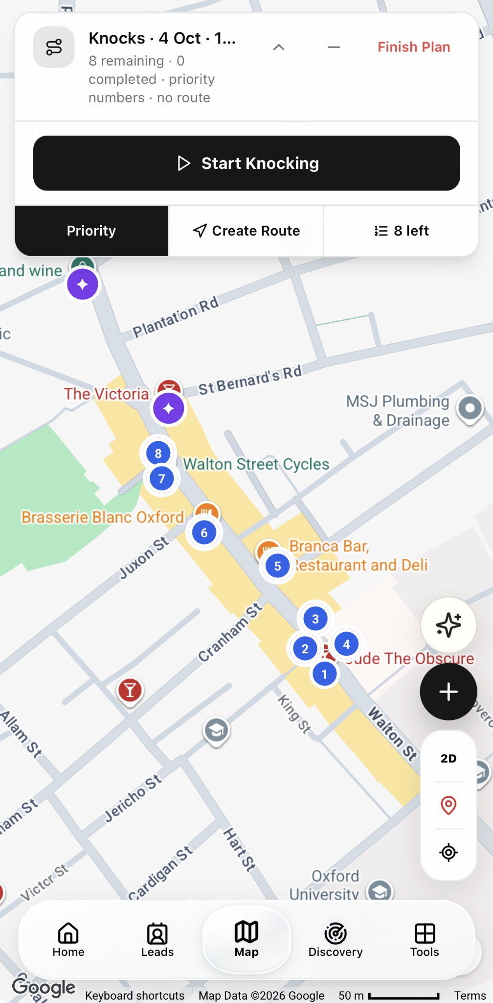 KnockMap knock plan with eight numbered stops on Oxford streets