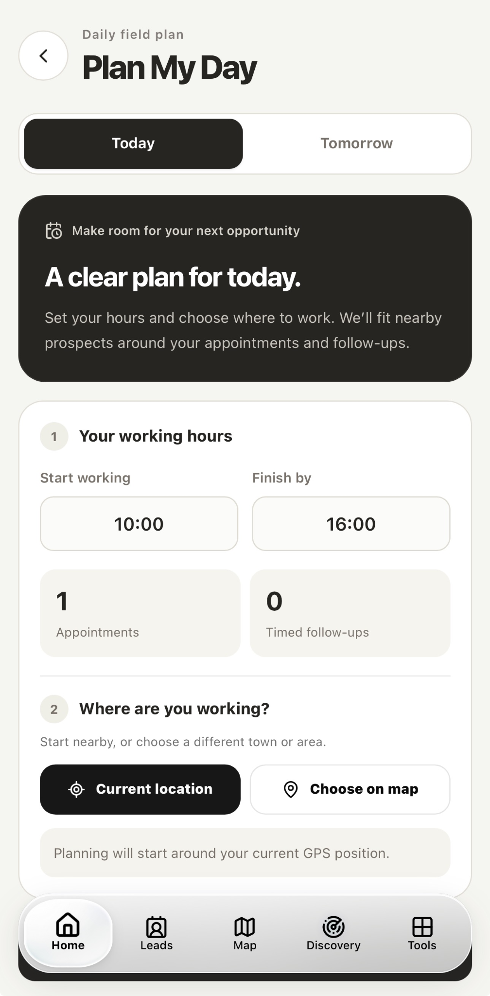 KnockMap Plan My Day with working hours, appointments, follow-ups and working area